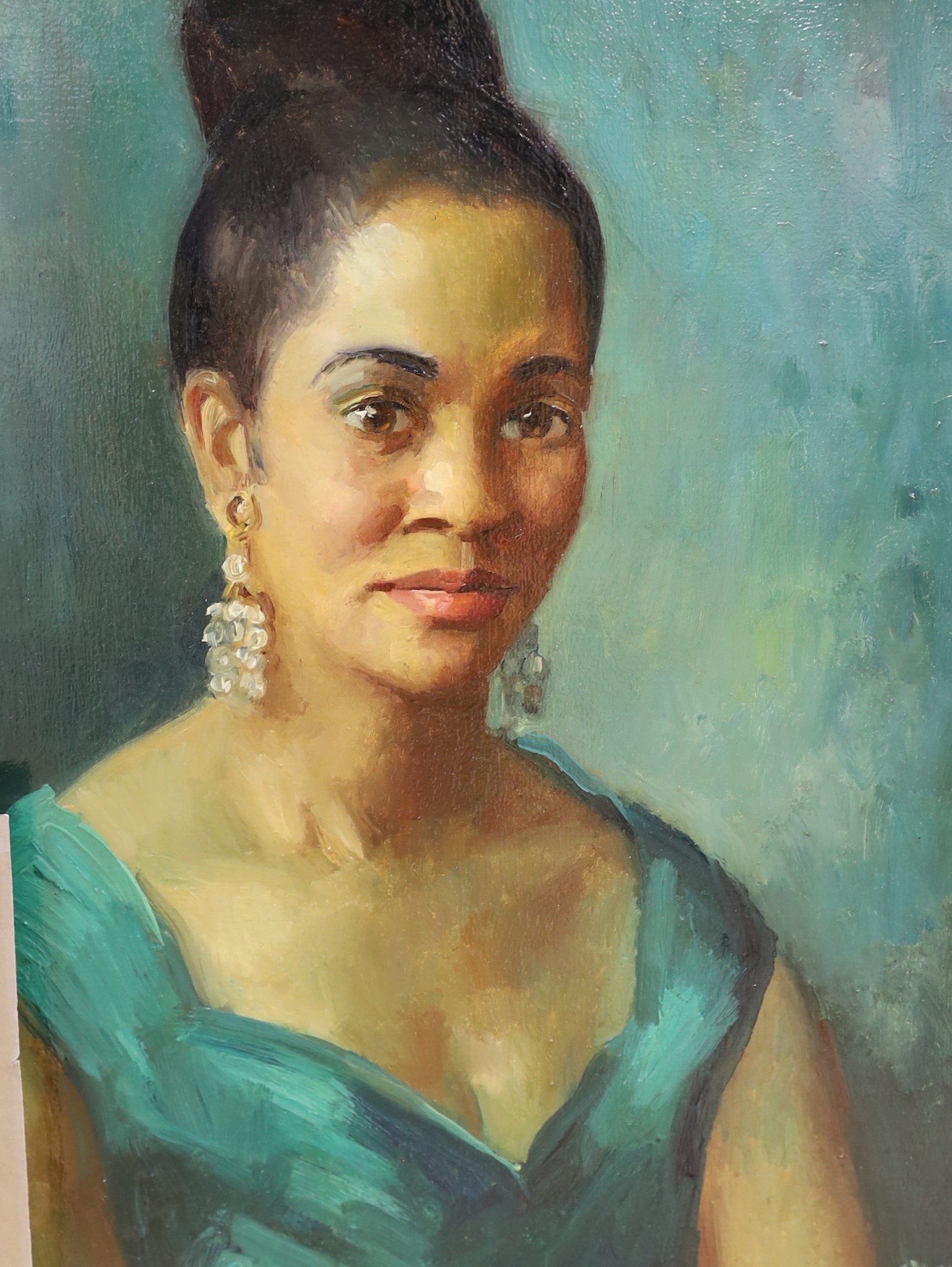 Donald Pass (b.1930), oil on canvas, Portrait of Cherie Hewson, signed, 60 x 50cm with an Exhibition catalogue and a related charcoal sketch